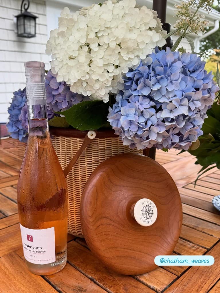 Nantucket basket with hydrangeas and engraved compass lid