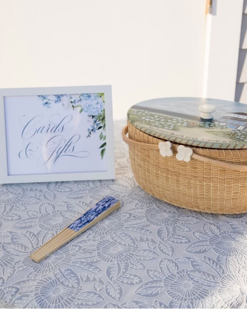 Custom Nantucket wedding basket with Cards and Gifts sign by Chatham Weaves