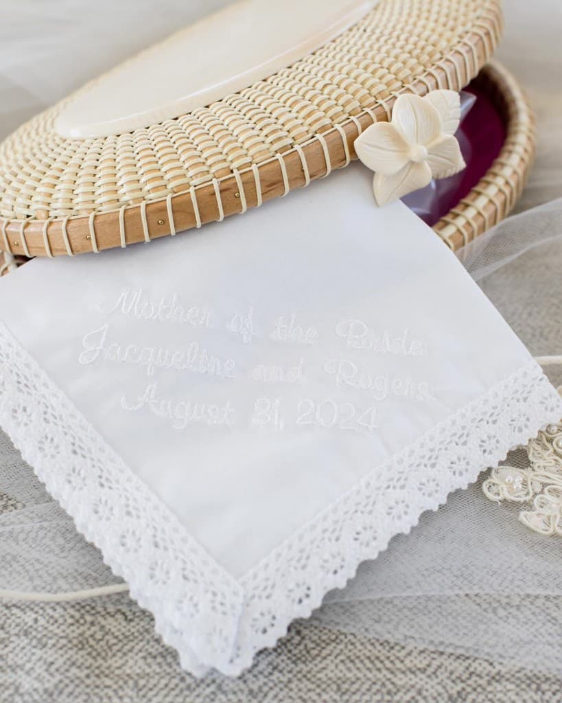 Wedding Nantucket basket with mother of the bride handkerchief
